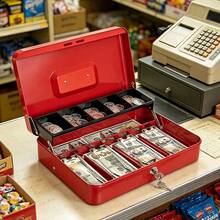 Caja de caudales de metal con bandeja para billetes y cerradura, organizador portátil de monedas para efectivo, monedas, billetes, recibos, 5 ranuras para monedas y 4 clips para billetes, caja de para efectivo para pequeños negocios, minorista, caja chica, hogar y oficina - Multicolor - Ver 14