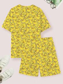 2pcs/Set Men's Crew Neck Duck Print Short Sleeve T-Shirt And Shorts Casual Suit - Yellow - View 2