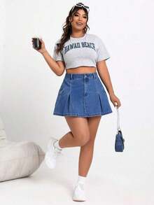 Plus Size Fashionable Folded & Pleated & Flap Pocket Design Denim Skirt With Cargo Style - 深灰色 - 查看 11