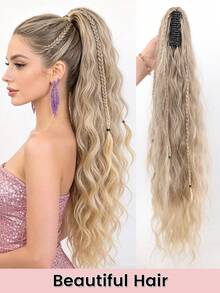 Synthetic Long Curly Water Wave Claw Clip Ponytail Black Blonde Ombre Braid Style Heat Resistant Fiber Fluffy Messy Ponytail Hair Extensions For Women Daily Party - Blonde Ombre - View 2