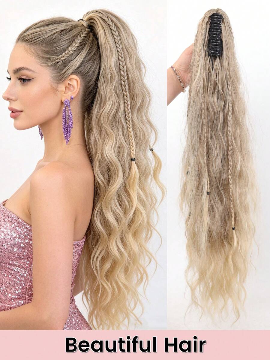 Synthetic Long Curly Water Wave Claw Clip Ponytail Black Blonde Ombre Braid Style Heat Resistant Fiber Fluffy Messy Ponytail Hair Extensions For Women Daily Party