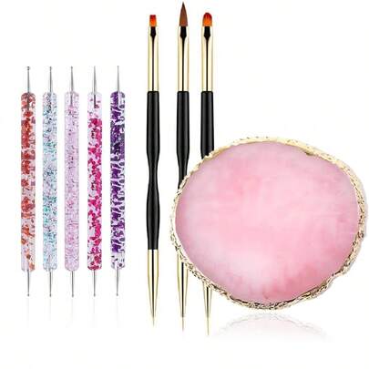 Set de 9 piezas de herramientas para arte de uñas, que incluye 5 bolígrafos de puntillismo, 3 pinceles para uñas y 1 paleta de resina para diseño de arte de uñas, herramientas de manicura