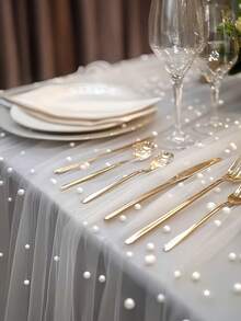 1 Stück zarter romantischer Perlen-Dekor Chiffon Tischläufer, weiß, geeignet für Hochzeit, Paar-Date, Feiertagsparty Dekoration - Imitationsperlennetz - Übersicht 3