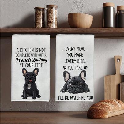 2pcs French Bulldog Printed Microfiber Kitchen Towels, 40*60cm Rectangular Modern Style Dish Cloths, Suitable For Kitchen, Bathroom, Housewarming Gifts, High Value