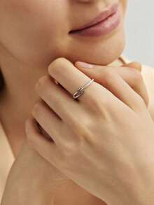 1 件时尚简约设计闪亮弧形可调节戒指 - 銀色 - 查看 2