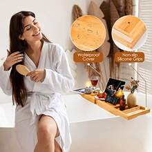 Foldable Bathtub Caddy Tray Bamboo Bath Tub Tray Table For Tub With Wine Glass Holder Book Phone Tablet Holder With Extending Sides Adjustable Bathroom Bathtub Free Soap Holder Gift Idea Beige - Beige - View 5
