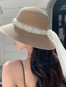 Women's Summer Wide Brim Lace Bow Pearl Straw Hat, Face Slimming Fisherman Hat, Sun Protection And Breathable Sun Hat - Milky White - View 2
