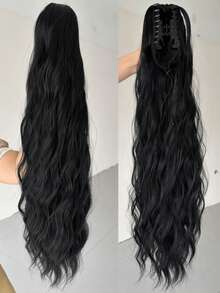 WaveTrip Valentine's Day Woman Vacation Outfits Ss Style Inspo 32-Inch Long Water Wave Thermal Fiber Synthetic Ponytail Hair Extension, Claw Clip Design, Suitable For Daily Wear - Black - View 2