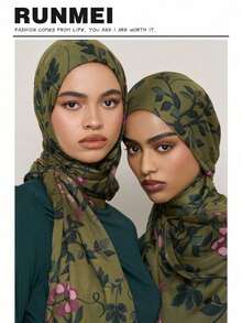1pc Women's Bohemian Watercolor Print Chiffon Scarf, Elegant Hijab For Spring/Autumn, Suitable For Daily & Outdoor Wear - Màu xanh lá cây đậm - Xem 5