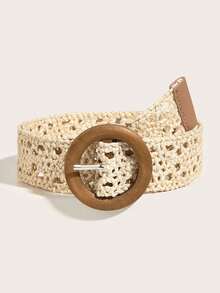 1pc Women's Beige New PP Straw Woven Buckle Round Wooden Decor Cinched Waist Midi Dress, Figure-Flattering Casual Waist Belt, Versatile Everyday Wear Summer, School Fall, Autumn, Halloween - 杏色 - 查看 1