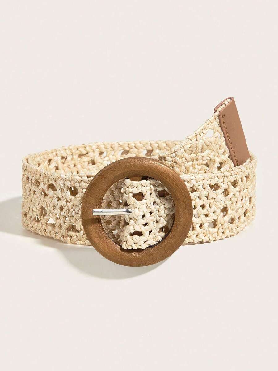 1pc Women's Beige New PP Straw Woven Buckle Round Wooden Decor Cinched Waist Midi Dress, Figure-Flattering Casual Waist Belt, Versatile Everyday Wear Summer, School Fall, Autumn, Halloween - 杏色 - 查看 1