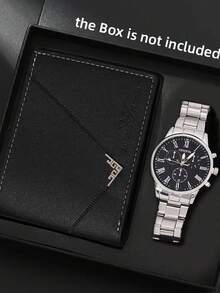 Conjunto de 4 piezas de relojes de cuarzo minimalistas de negocios, reloj de hombre plateado con set de accesorios de negocios (incluye reloj de hombre, billetera, bolígrafo, llavero), opción de regalo y accesorio popular para hombres - Plateado - Ver 9