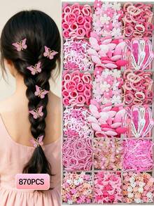 Juego de 870 piezas de accesorios para el cabello para niñas y adolescentes, que incluye: ligas de pelo estilo princesa minimalista en color rosa, pasadores de pelo con estrellas/lazos, hebillas de pelo con flores de perlas, pasadores BB. Adecuado para uso diario y como regalo. - Multicolor - Ver 1