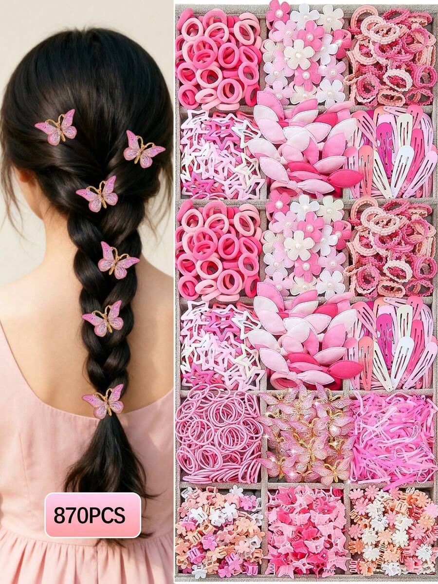 Juego de 870 piezas de accesorios para el cabello para niñas y adolescentes, que incluye: ligas de pelo estilo princesa minimalista en color rosa, pasadores de pelo con estrellas/lazos, hebillas de pelo con flores de perlas, pasadores BB. Adecuado para uso diario y como regalo. - Multicolor - Ver 1