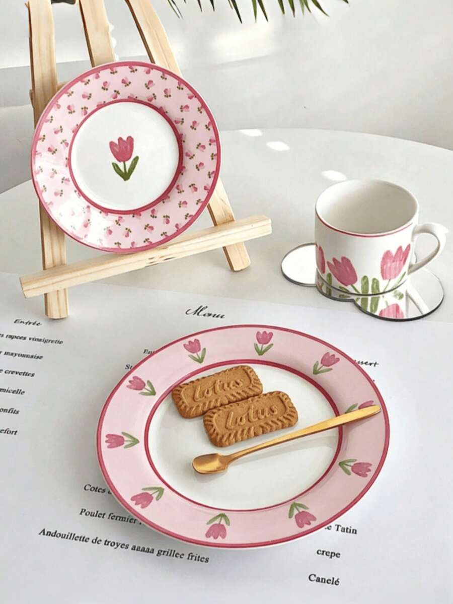 1pc Gentle Pink Tulip Ceramic Coffee Cup & Saucer Set, Ins Korean French Retro Style, Full Of Girly Charm And High-End Quality. Delicate Tulip Print, Fine Glazed Texture, Exquisite Cup And Saucer Combination With High Appearance. Suitable For Afternoon Tea, Latte, Water Cup, Home Or Cafe Use, Creates Atmospheric Ambiance, Great For Photography, Practical And Elegant, Adds Ritual Sense To Daily Drinking. - Multicolor - View 1