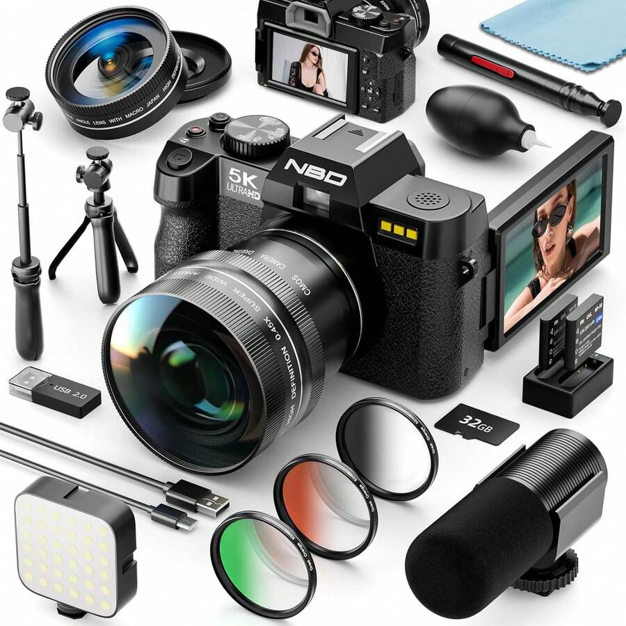 NBD 5K Digital Cameras For Photography, 64MP Vlogging Camera With Microphone, WiFi And Tripod Grip, Video Camera With 52MM Wide-Angle&Macro Lens, Recommended For Beginner Photography Enthusiasts, Includes 2 Batteries And A 32GB Card