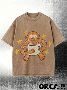 Vintage Washed BlackT-Shirt, Cute Cartoon Monkey With Coffee Cup & Yellow Stars Print Tee,Retro Distressed Oversized Short Sleeve Casual StreetwearTop - 咖啡棕 - 查看 1
