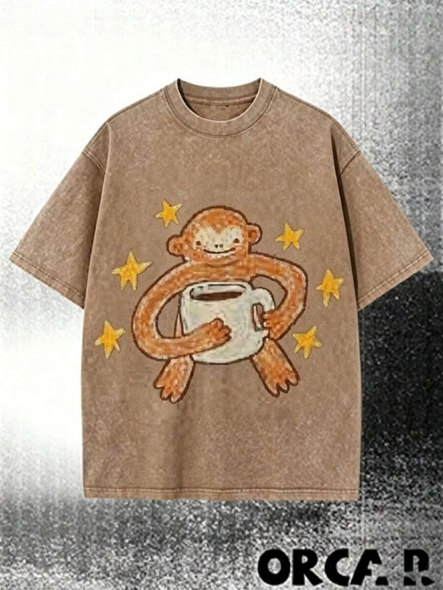 Vintage Washed BlackT-Shirt, Cute Cartoon Monkey With Coffee Cup & Yellow Stars Print Tee,Retro Distressed Oversized Short Sleeve Casual StreetwearTop - 咖啡棕 - 查看 1