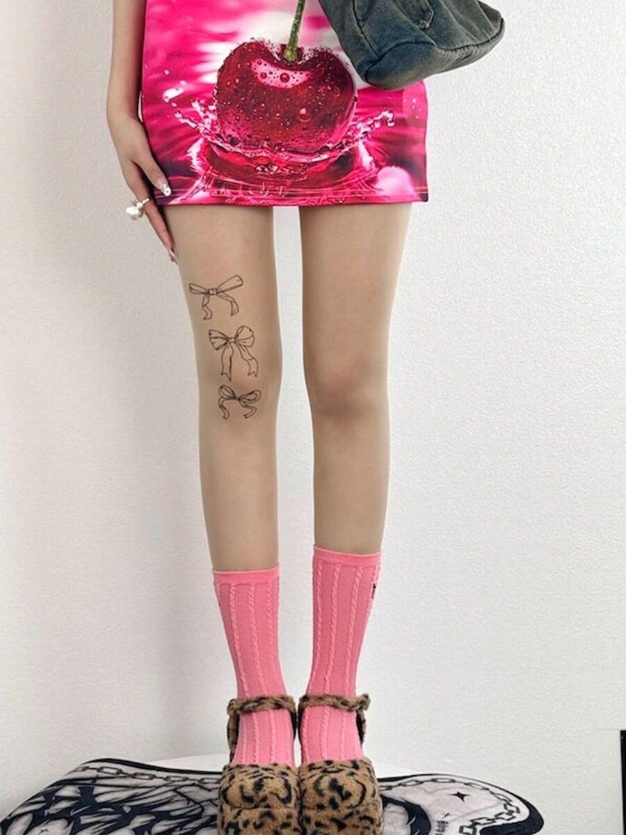 1双女士防勾丝裸色连裤袜，可爱蝴蝶结印花紧身裤，高弹防勾丝长筒袜，适合Y2K街头服饰 - 彩色 - 查看 1