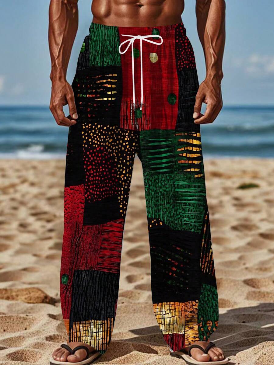 Abstract  Patchwork Pattern Symbolizing Vitality And Freedom Blending Red Green Yellow And Black Energy 3D Printed Beach Pants For Men Casual Loose Fit Summer Wear - 白色 - 查看 1