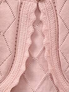 Girls' Spring Elegant Hollow Design Argyle Pattern + Lace Trim Knit Cardigan, Soft And Sweet, Suitable For Daily Wear Or Outings - Pink - View 3