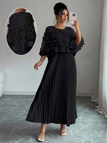 Vestido con decoración floral elegante y bajo plisado, adecuado para bodas, fiestas de cumpleaños y otras ocasiones, otoño - Negro - Ver 1