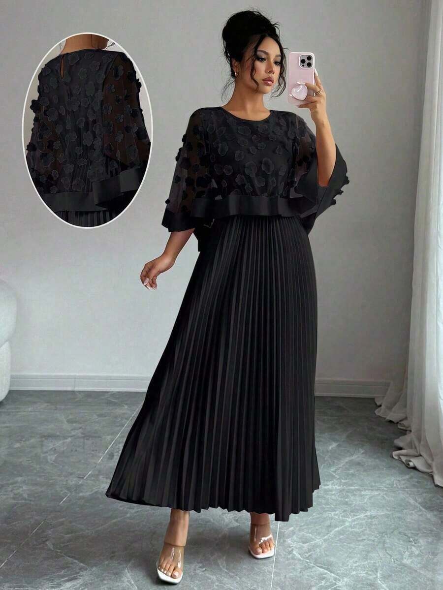 Vestido con decoración floral elegante y bajo plisado, adecuado para bodas, fiestas de cumpleaños y otras ocasiones, otoño - Negro - Ver 1