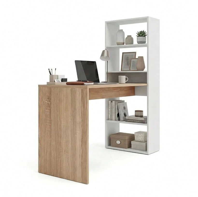 Cosmic Desk With Bookshelf - Artik White (Matte White) - Canadian Oak - View 1