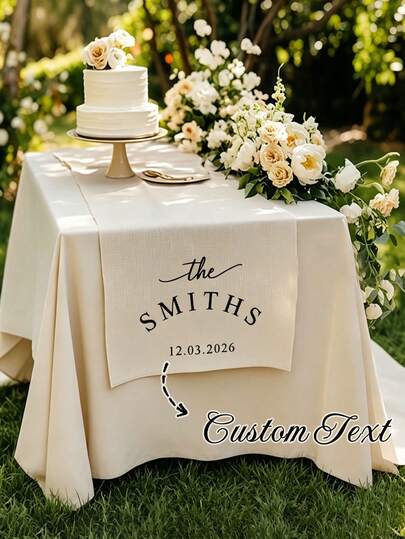 Customized Newlywed Couple's Initials & Wedding Date Table Runner, Suitable For Table Runner, Background Tablecloth, Wedding White Chiffon Tablecloth, Wedding Arch Decor, Wedding Reception, Bridal Shower, Party Decoration, Applicable For Weddings, Birthday Parties, Dining Table Centerpieces, Christmas