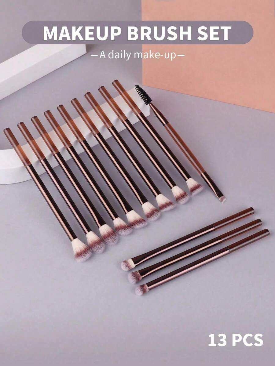 13PCS Professional Soft Makeup Brush Set With Long Aluminum Handles, Includes Spoolie, Eyeshadow, Eyebrow, Lip, Concealer, Blush, Blending, Detail & Highlighter Brushes - Works With Powder, Liquid & Cream Cosmetics. Perfect For Daily Use & Travel, Ideal For Beginners & Pros, Complete Makeup Brush Kit, Great Gift For Friends - Brown - View 1