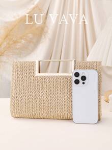 LUVAVA 春夏休闲自然浅米色人字纹藤编手提包，配奶油白方形手柄和可拆卸金色链条肩带，可作斜挎包/单肩包使用，容量充裕，法式波西米亚风沙滩包，适合度假、通勤和日常休闲使用。 - 杏色 - 查看 4