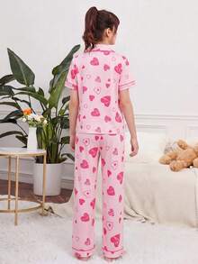 2pcs Girls Pajama Set, Short Sleeve Button-Up Shirt With Heart Print Pants, Soft & Breathable Sleepwear - Pink - View 4