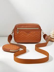 1pc Girls' Mini Wave Pattern Embroidered Letter Pouch, Phone Wallet Coin Purse - Brown - View 3