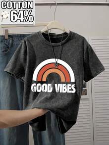 大码女式时尚纯棉酸洗圆领T恤，印有“Good Vibes”字样，适合女士通勤、上学和休闲购物穿着。黑色 - 黑色 - 查看 2