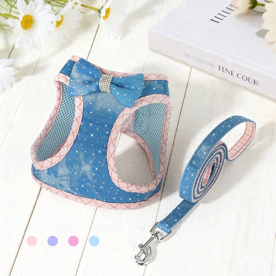 Leicht & bequemes Nieten Jeans Hundegeschirr & Leine Set, Frühling/Sommer atmungsaktives Mesh Hunde Brustgeschirr, weiches & lässiges Diamant Schleife Jeans Hundegeschirr geeignet für kleine Hunde wie Chihuahua, Yorkshire Terrier - Verschiedenfarbig - Übersicht 1