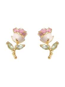 1 Pair Enamel Rose Flower Earrings, Delicate Micro-Inlaid Zirconia Rose Flower Earrings - Pink - View 2