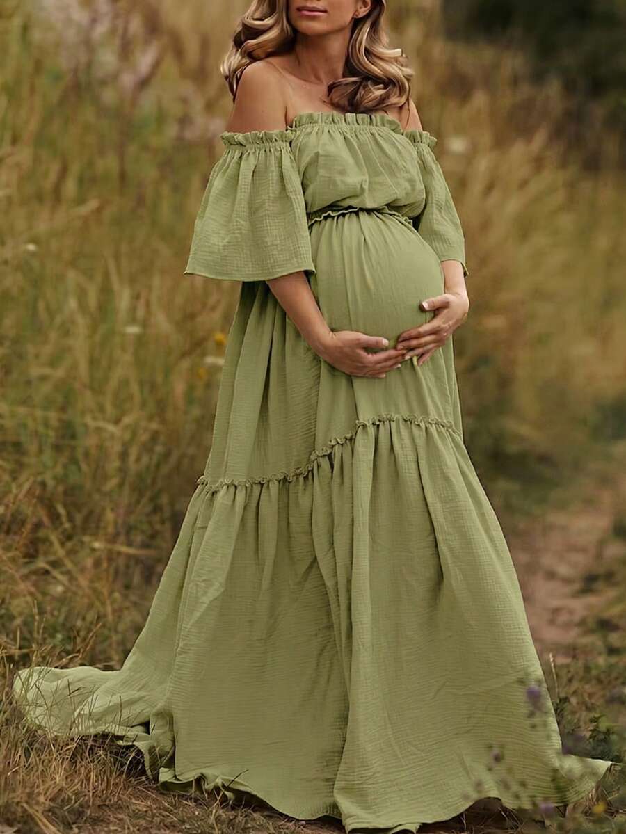 Green Maternity Off Shoulder Layered Short Sleeve Chiffon Dress With Ruffled Hem, Suitable For Special Occasions Like Lawn, Beach, Garden - Green - View 1