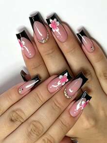 24pcs Elegant & Chic Colorful Rhinestone Floral, Gradient Stripe, Polka Dot, Black Edged Glossy False Nails, Fashion Versatile Wear For Dates, Parties, Spring/Summer, Autumn/Winter Daily Use, Removable Press-On Manicure Set With Jelly Gel And File, Random Jelly Gel Delivery - Multicolor - View 4