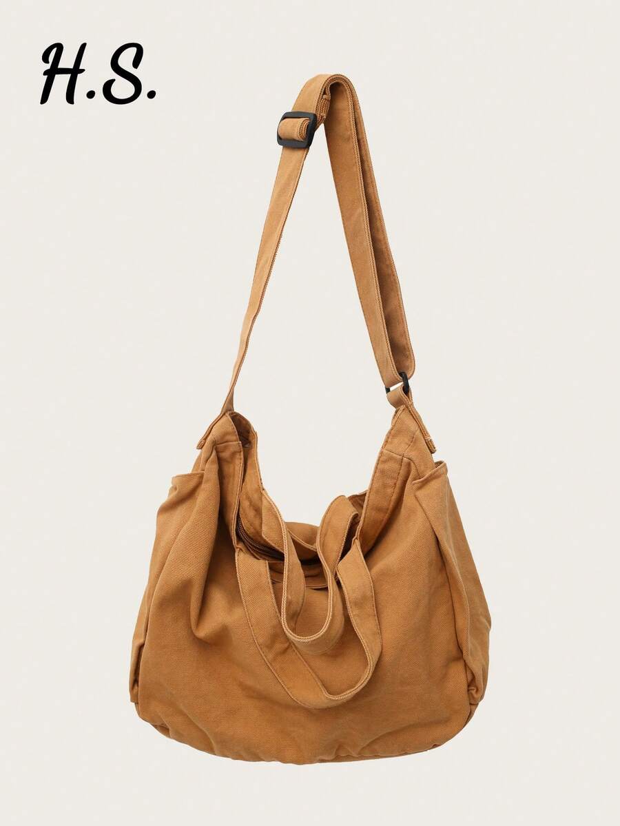 Vintage Washed Canvas Crossbody Bag, Casual Tote Bag Suitable For School, College, Work, Travel, Unisex Design ,Beach Bag - Brown - View 1