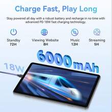 Qetupa 10.1英寸Z50安卓14平板电脑，3GB运行内存+64GB机身存储，MTK 6755八核1.6GHz处理器，高清(1280x800) IPS触控屏，支持蓝牙5.2和802.11ac WiFi 5，GPS，前置200万像素摄像头和后置500万像素摄像头，6000mAh大容量电池（不支持SIM卡）。采用耐用的铝硅酸盐玻璃机身，轻巧坚固，适合作为儿童圣诞礼物和成人惊喜礼物（不含适配器）。 - 灰色with KB - 查看 5