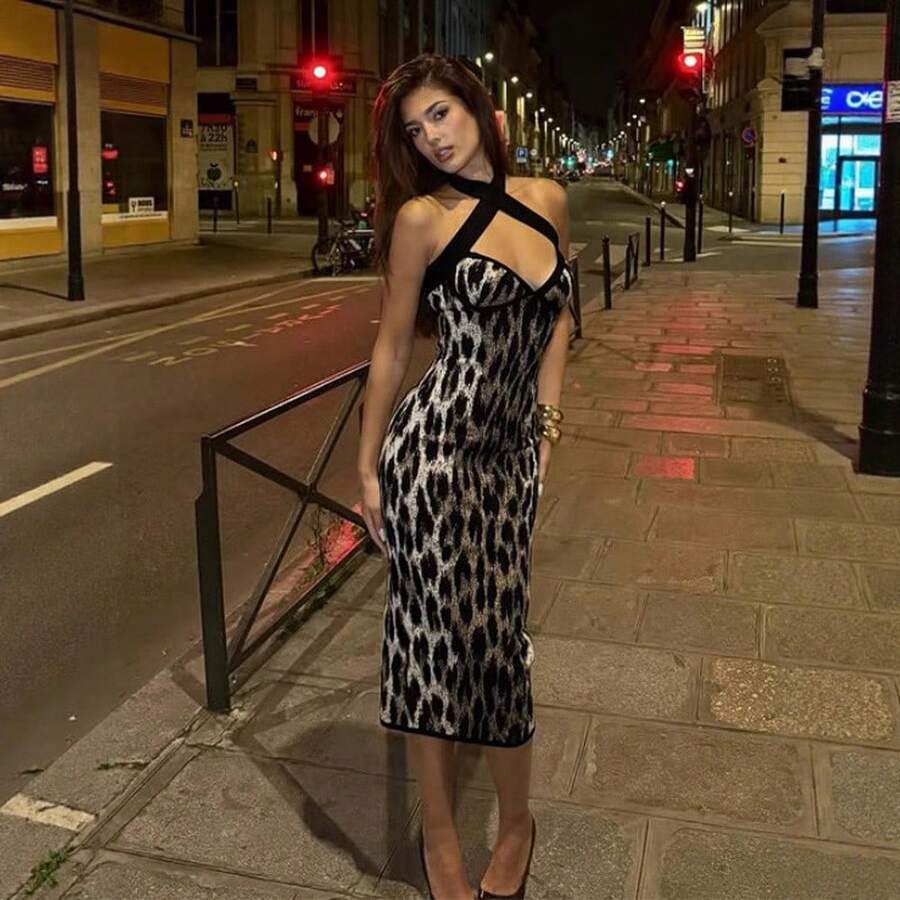 conciso 女士豹纹系带长款连衣裙，性感优雅派对礼服