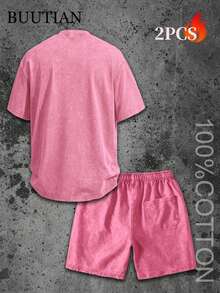 Men's 2PCS BUUTIAN Vintage Wash Solid Color T-Shirt & Denim Shorts Set, Multiple Color Combinations Available, Oversized Streetwear Casual Summer Joggermate Outfit, 90s Retro Casual Loungewear - 玫瑰紅 - 查看 5