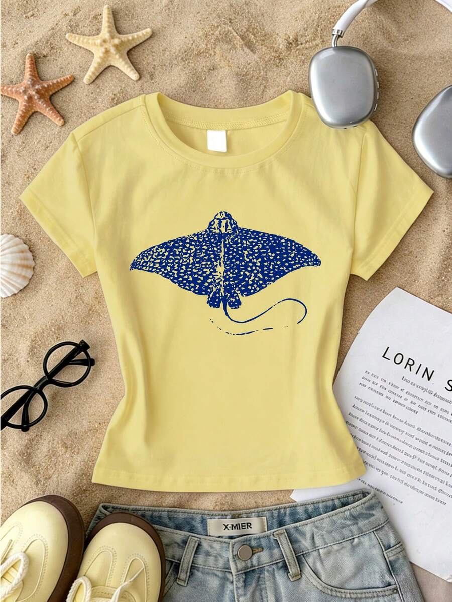Girls' Soft & Comfortable Short Stingray Graphic T-Shirt, Casual Top For Summer - Yellow - View 1