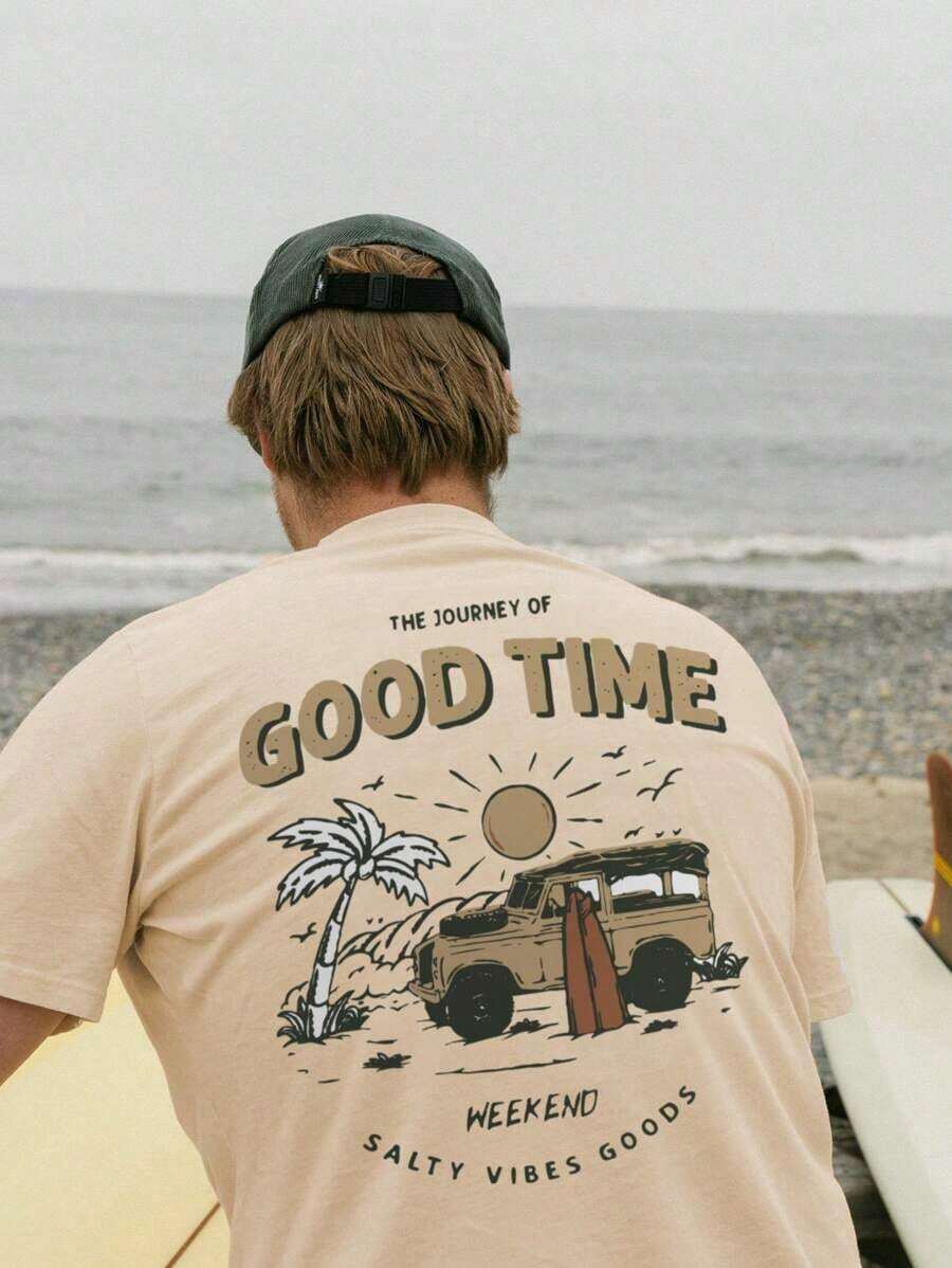 Men's Short-Sleeved T-Shirt With Car And Letter Print - 銅色 - 查看 1
