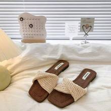 Sandal Selop Tenun Sol Tebal Ujung Persegi Bergaya Prancis untuk Wanita, Sandal Platform Wedges Chic untuk Liburan - Krem - View 3