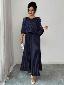 Vestido con decoración floral elegante y bajo plisado, adecuado para bodas, fiestas de cumpleaños y otras ocasiones, otoño - Azul marino - Ver 3