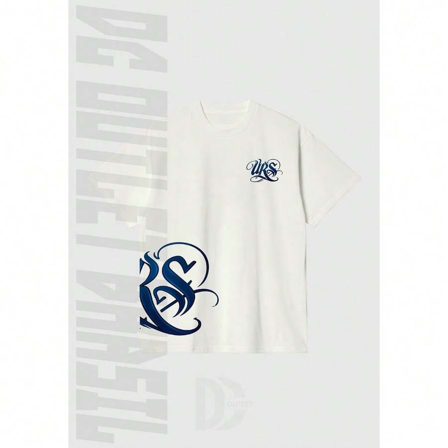 Streetwear T-Shirt With URS Tag And Graffiti Lettering, 100% Cotton. - 米白色/天藍色 - 查看 1
