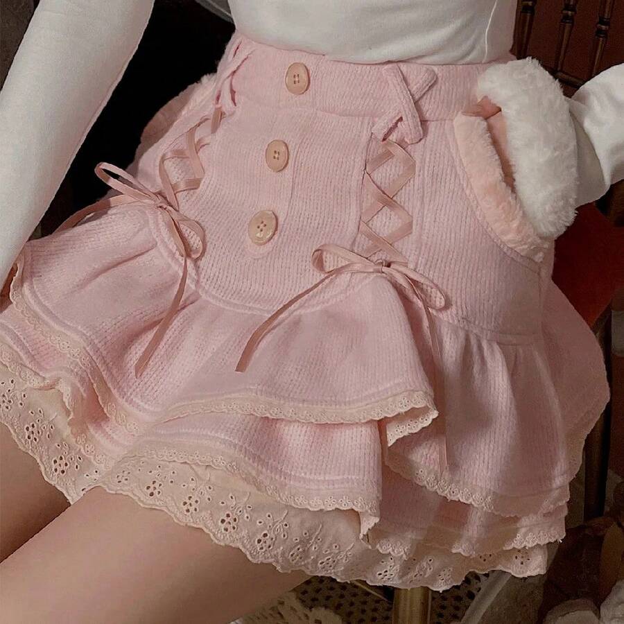 Japanese Kawaii Clothes Pink Skirt With Shorts Lace High Waist Korean Style Women 2025 New Fall White Skirt Fluffy - Váy hồng - Xem 1