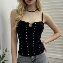 Women's Black Corset Top Spaghetti Strap Fishbone Bustier With Rhinestone Studs Y2K Gothic Grunge Sleeveless Camisole Sexy Summer Streetwear - 黑色 - 查看 5