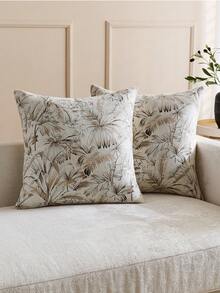 1pc Khaki & White Palm Leaf Pattern (No Filling) Vintage Floral Decorative Throw Pillow Cover, Fashionable Retro Comfortable Jacquard Chenille Fabric + Faux Cashmere Trim, Suitable For Home Decor, Sofa, Bed, Bedroom, Gifts, Holidays, All Seasons - Khaki - View 6